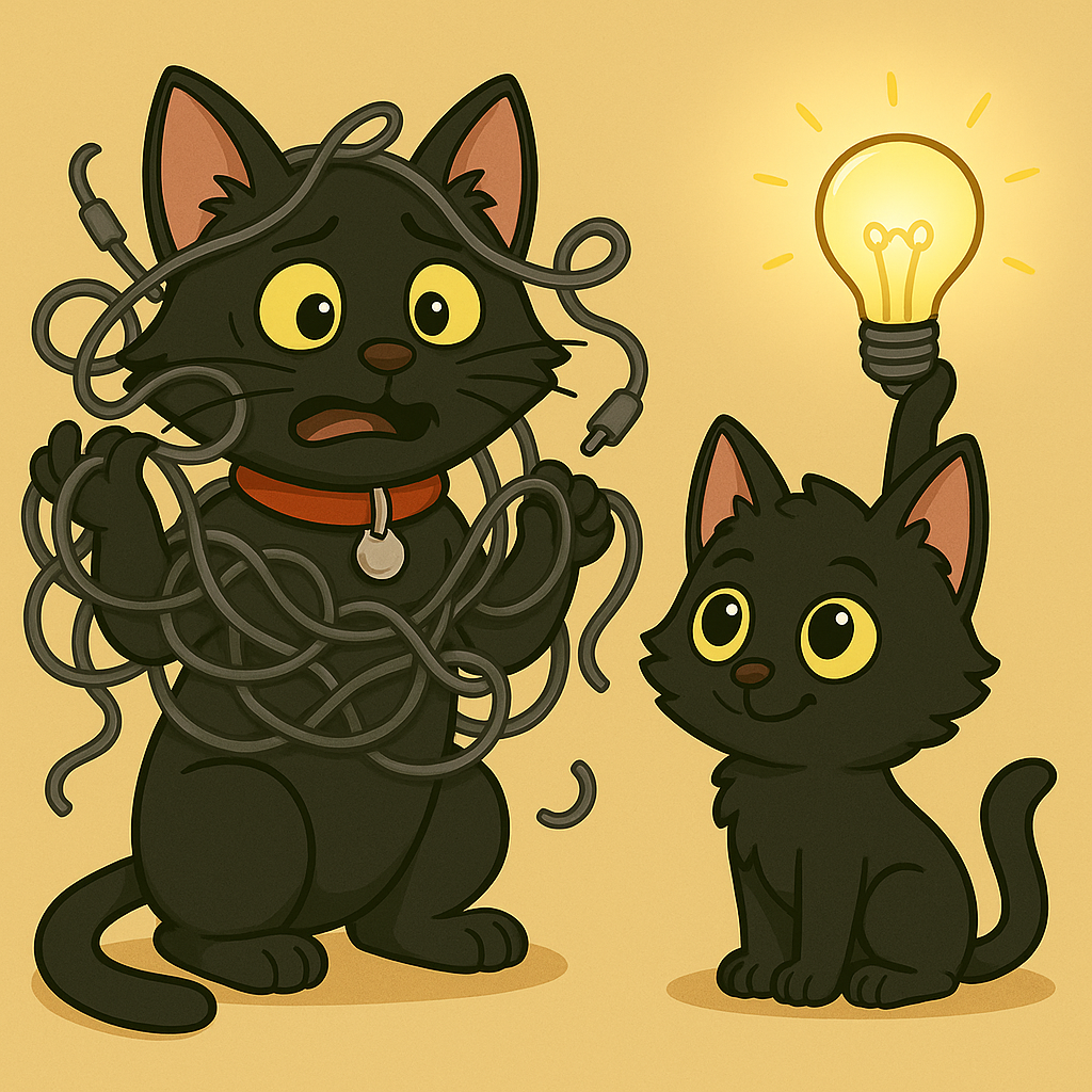 a humorous ODC & Lanson illustration (ODC juggling a mess of “features” like tangled wires, while Lanson proudly holds up a shining “benefit” lightbulb). - Mad Black Cat