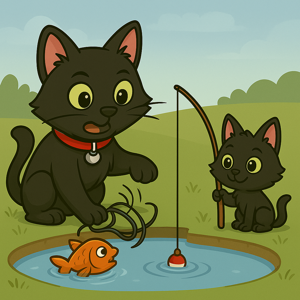 Two cartoon black cats: one pawing at a fish in a pond (short-term win), the other calmly fishing with a rod (long-term trust)