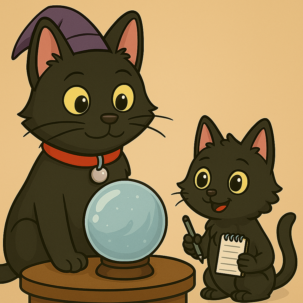 Two cartoon black cats: one with a crystal ball trying to guess, the other smiling with a notepad asking questions