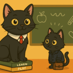 ODC wearing a red collar with a bell (left) dressed as a teacher, and Lanson (right), in a 4:3 landscape cartoon styled to evoke back-to-school charm.