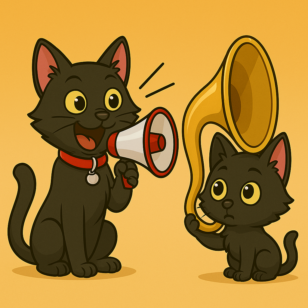 ODC and Lanson - Stop Talking, Start Listening - Two cartoon black cats, one speaking into a megaphone while the other holds up a giant ear trumpet
