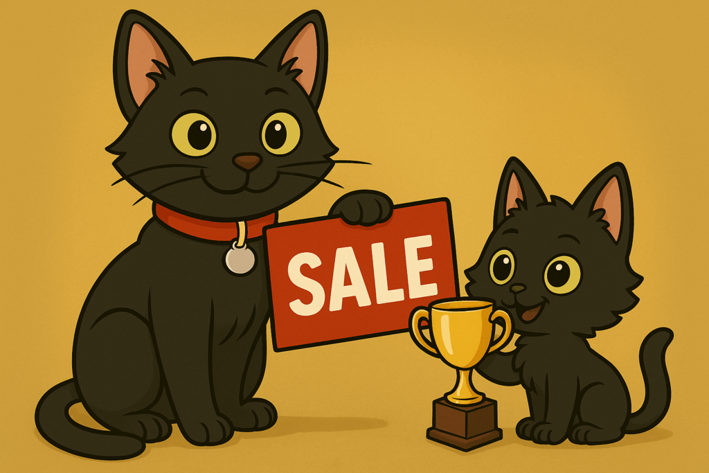 Two cartoon black cats: one holding a large ‘SALE’ sign, the other proudly showing a golden trophy representing value