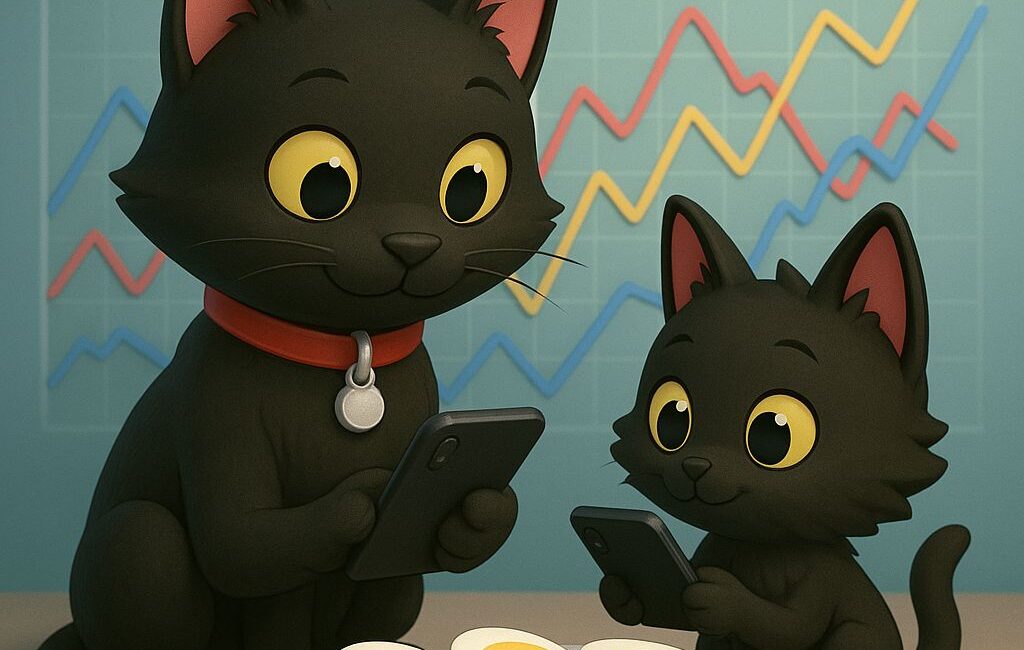 3D cats ODC and Lanson looking at smartphones with floating graphs and a plate of egg flights, representing mid-August 2025 TikTok and Instagram trends in the UK, Spain, and Europe.