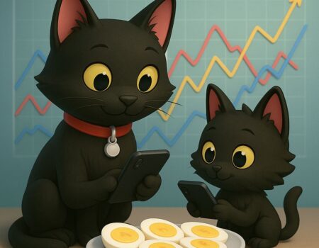 3D cats ODC and Lanson looking at smartphones with floating graphs and a plate of egg flights, representing mid-August 2025 TikTok and Instagram trends in the UK, Spain, and Europe.
