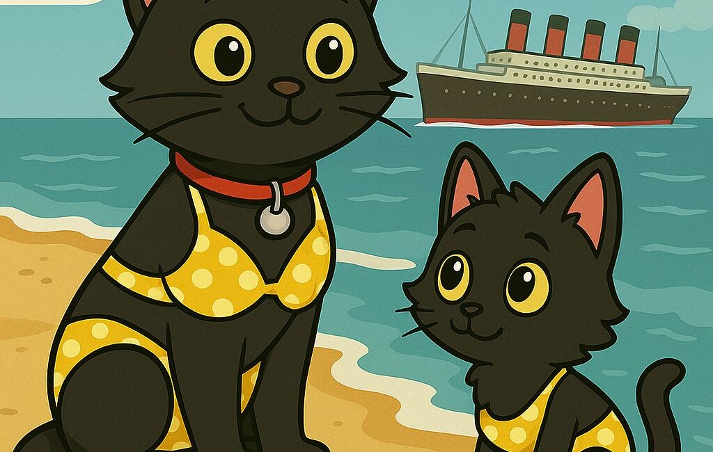 ODC and Lanson in itsy bitsey teenie weeny yellow polka dot bikinis as Titanic sails by
