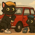 ODC and Lanson with their classic Mini car, dressed in retro gear