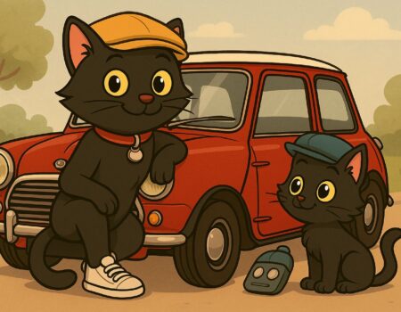 ODC and Lanson with their classic Mini car, dressed in retro gear