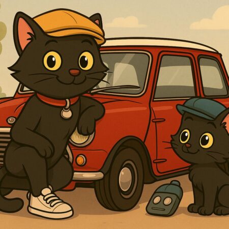 ODC and Lanson with their classic Mini car, dressed in retro gear