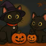 ODC wearing a witch hat and red collar with bell (left), and Lanson (right) holding a pumpkin-shaped lantern. Both cats are in a 4:3 cartoon-style Halloween scene with autumn leaves in the background.