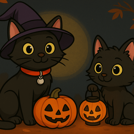 ODC wearing a witch hat and red collar with bell (left), and Lanson (right) holding a pumpkin-shaped lantern. Both cats are in a 4:3 cartoon-style Halloween scene with autumn leaves in the background.