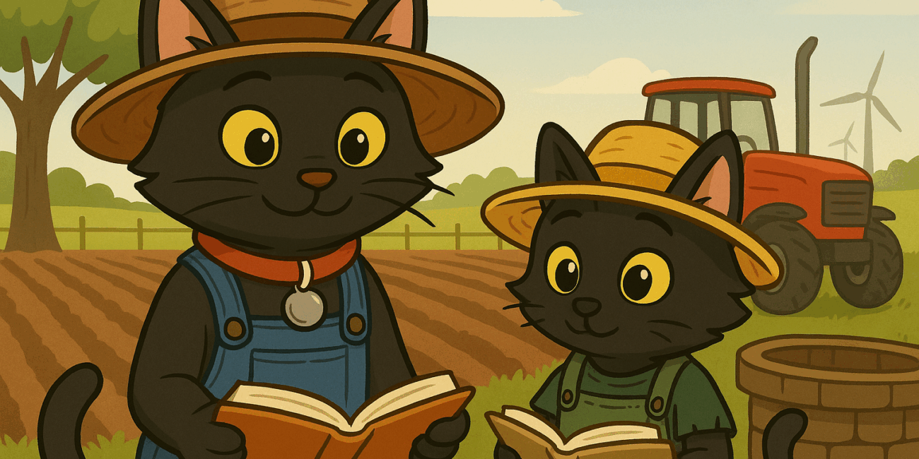 2D illustration of ODC and Lanson, two black cats dressed as friendly farmers, sitting in a ploughed field reading books. A red tractor and rolling farmland are visible in the background under a bright blue sky, creating a warm, hopeful rural scene.