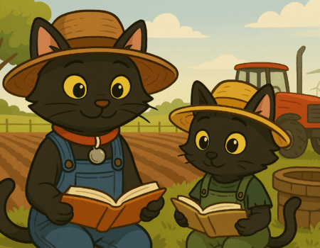 2D illustration of ODC and Lanson, two black cats dressed as friendly farmers, sitting in a ploughed field reading books. A red tractor and rolling farmland are visible in the background under a bright blue sky, creating a warm, hopeful rural scene.