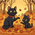 A clean-line vector illustration, in a 4:3 aspect ratio, featuring ODC, the sleek black cat wearing a red collar and a silver bell, and Lanson, the fluffy black kitten, playing enthusiastically in a large pile of scattered autumn leaves. They are batting leaves into the air, their happy expressions matching the art style. The scene is a park path lined with stylized, bare autumnal trees under a warm, golden twilight sky. In the background, to the sides of the path, are several carved pumpkins (jack-o'-lanterns) with flickering candlelight faces, set among more fallen leaves, creating a clear preparation for the spooky season. The entire composition is integrated into the cartoon environment.