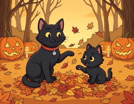 A clean-line vector illustration, in a 4:3 aspect ratio, featuring ODC, the sleek black cat wearing a red collar and a silver bell, and Lanson, the fluffy black kitten, playing enthusiastically in a large pile of scattered autumn leaves. They are batting leaves into the air, their happy expressions matching the art style. The scene is a park path lined with stylized, bare autumnal trees under a warm, golden twilight sky. In the background, to the sides of the path, are several carved pumpkins (jack-o'-lanterns) with flickering candlelight faces, set among more fallen leaves, creating a clear preparation for the spooky season. The entire composition is integrated into the cartoon environment.