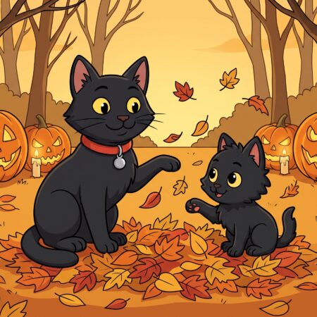 A clean-line vector illustration, in a 4:3 aspect ratio, featuring ODC, the sleek black cat wearing a red collar and a silver bell, and Lanson, the fluffy black kitten, playing enthusiastically in a large pile of scattered autumn leaves. They are batting leaves into the air, their happy expressions matching the art style. The scene is a park path lined with stylized, bare autumnal trees under a warm, golden twilight sky. In the background, to the sides of the path, are several carved pumpkins (jack-o'-lanterns) with flickering candlelight faces, set among more fallen leaves, creating a clear preparation for the spooky season. The entire composition is integrated into the cartoon environment.
