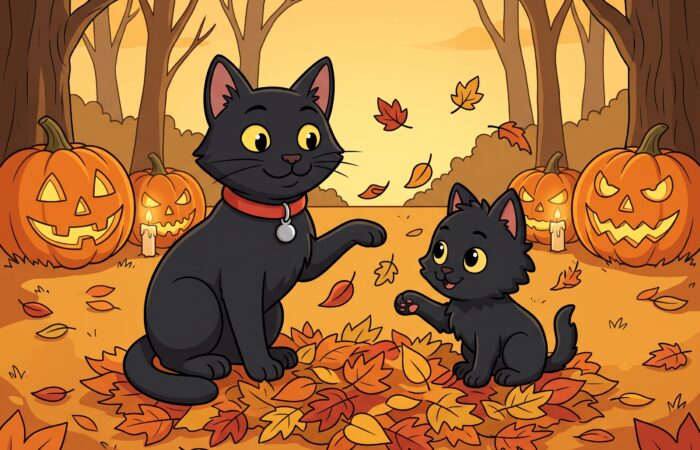 A clean-line vector illustration, in a 4:3 aspect ratio, featuring ODC, the sleek black cat wearing a red collar and a silver bell, and Lanson, the fluffy black kitten, playing enthusiastically in a large pile of scattered autumn leaves. They are batting leaves into the air, their happy expressions matching the art style. The scene is a park path lined with stylized, bare autumnal trees under a warm, golden twilight sky. In the background, to the sides of the path, are several carved pumpkins (jack-o'-lanterns) with flickering candlelight faces, set among more fallen leaves, creating a clear preparation for the spooky season. The entire composition is integrated into the cartoon environment.