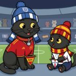 A clean 2D animation illustration showing two black cats sitting beside a football pitch inside a stadium filled with cat spectators. On the left, ODC, a sleek adult black cat wearing a red collar with a silver bell, is dressed in a red and yellow Spanish football kit, accompanied by a blue and white England bobble hat and scarf whilst holding a small Spain pennant. On the right, Lanson, a small fluffy black kitten, wears an England football shirt along with a red and yellow Spanish striped bobble hat and scarf, looking up whilst holding a small England pennant.