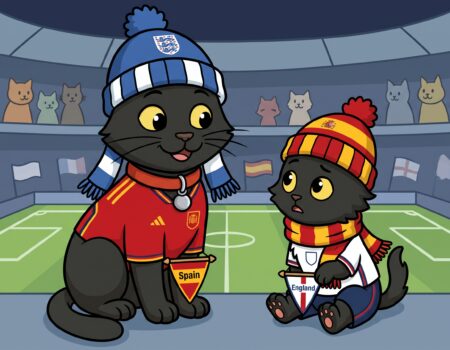 A clean 2D animation illustration showing two black cats sitting beside a football pitch inside a stadium filled with cat spectators. On the left, ODC, a sleek adult black cat wearing a red collar with a silver bell, is dressed in a red and yellow Spanish football kit, accompanied by a blue and white England bobble hat and scarf whilst holding a small Spain pennant. On the right, Lanson, a small fluffy black kitten, wears an England football shirt along with a red and yellow Spanish striped bobble hat and scarf, looking up whilst holding a small England pennant.