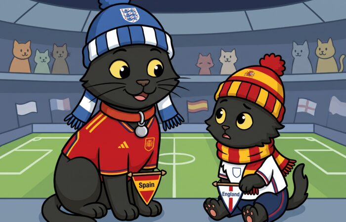 A clean 2D animation illustration showing two black cats sitting beside a football pitch inside a stadium filled with cat spectators. On the left, ODC, a sleek adult black cat wearing a red collar with a silver bell, is dressed in a red and yellow Spanish football kit, accompanied by a blue and white England bobble hat and scarf whilst holding a small Spain pennant. On the right, Lanson, a small fluffy black kitten, wears an England football shirt along with a red and yellow Spanish striped bobble hat and scarf, looking up whilst holding a small England pennant.