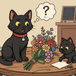 A 2D cartoon animation style illustration featuring two black cats in a room with wooden furniture and a table. On the left, a sleek black cat wearing a red collar and silver bell looks perplexed with an open mouth, beneath a thought bubble containing a question mark and a wavy line. On the right, a smaller fluffy black kitten sits beside a bouquet of colourful flowers and a blank piece of paper with an ink pen and inkwell, looking curiously at the notes.