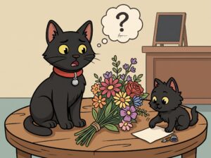 A 2D cartoon animation style illustration featuring two black cats in a room with wooden furniture and a table. On the left, a sleek black cat wearing a red collar and silver bell looks perplexed with an open mouth, beneath a thought bubble containing a question mark and a wavy line. On the right, a smaller fluffy black kitten sits beside a bouquet of colourful flowers and a blank piece of paper with an ink pen and inkwell, looking curiously at the notes.
