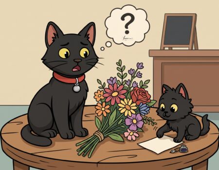 A 2D cartoon animation style illustration featuring two black cats in a room with wooden furniture and a table. On the left, a sleek black cat wearing a red collar and silver bell looks perplexed with an open mouth, beneath a thought bubble containing a question mark and a wavy line. On the right, a smaller fluffy black kitten sits beside a bouquet of colourful flowers and a blank piece of paper with an ink pen and inkwell, looking curiously at the notes.