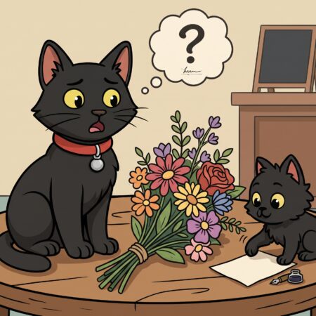 A 2D cartoon animation style illustration featuring two black cats in a room with wooden furniture and a table. On the left, a sleek black cat wearing a red collar and silver bell looks perplexed with an open mouth, beneath a thought bubble containing a question mark and a wavy line. On the right, a smaller fluffy black kitten sits beside a bouquet of colourful flowers and a blank piece of paper with an ink pen and inkwell, looking curiously at the notes.