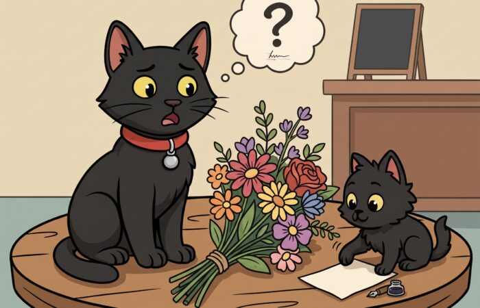 A 2D cartoon animation style illustration featuring two black cats in a room with wooden furniture and a table. On the left, a sleek black cat wearing a red collar and silver bell looks perplexed with an open mouth, beneath a thought bubble containing a question mark and a wavy line. On the right, a smaller fluffy black kitten sits beside a bouquet of colourful flowers and a blank piece of paper with an ink pen and inkwell, looking curiously at the notes.