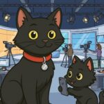 A vector illustration in a 4:3 aspect ratio shows the black cat ODC with her red collar and bell, and the smaller kitten Lanson, standing in the foreground, larger than before. The elaborate TV studio set, with all its lights, cameras, crew, and technical equipment, is now moved much further into the background, appearing smaller and more distant, with a deeper perspective that emphasizes the scale of the studio.