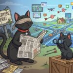 A 2D animation style illustration on a 4:3 canvas showing ODC and Lanson, the two black cats, in a conceptual outdoor scene depicting the death of traditional advertising and the rise of targeted online digital platforms. On the left, ODC, a sleek black cat wearing a blindfold, is awkwardly holding open a large, messy newspaper, representing blindness to the changing advertising landscape. Her distinct red collar and silver bell are visible. Scattered around her on the ground are crumpled newspapers, flyers, and a dilapidated, overgrown billboard sign that reads 'ADVERTISE HERE!', highlighting the decline of traditional media.