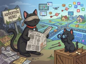 A 2D animation style illustration on a 4:3 canvas showing ODC and Lanson, the two black cats, in a conceptual outdoor scene depicting the death of traditional advertising and the rise of targeted online digital platforms. On the left, ODC, a sleek black cat wearing a blindfold, is awkwardly holding open a large, messy newspaper, representing blindness to the changing advertising landscape. Her distinct red collar and silver bell are visible. Scattered around her on the ground are crumpled newspapers, flyers, and a dilapidated, overgrown billboard sign that reads 'ADVERTISE HERE!', highlighting the decline of traditional media.