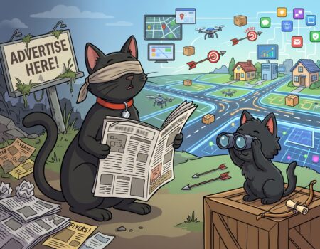 A 2D animation style illustration on a 4:3 canvas showing ODC and Lanson, the two black cats, in a conceptual outdoor scene depicting the death of traditional advertising and the rise of targeted online digital platforms. On the left, ODC, a sleek black cat wearing a blindfold, is awkwardly holding open a large, messy newspaper, representing blindness to the changing advertising landscape. Her distinct red collar and silver bell are visible. Scattered around her on the ground are crumpled newspapers, flyers, and a dilapidated, overgrown billboard sign that reads 'ADVERTISE HERE!', highlighting the decline of traditional media.