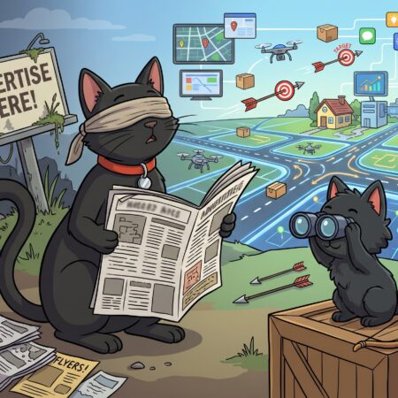 A 2D animation style illustration on a 4:3 canvas showing ODC and Lanson, the two black cats, in a conceptual outdoor scene depicting the death of traditional advertising and the rise of targeted online digital platforms. On the left, ODC, a sleek black cat wearing a blindfold, is awkwardly holding open a large, messy newspaper, representing blindness to the changing advertising landscape. Her distinct red collar and silver bell are visible. Scattered around her on the ground are crumpled newspapers, flyers, and a dilapidated, overgrown billboard sign that reads 'ADVERTISE HERE!', highlighting the decline of traditional media.
