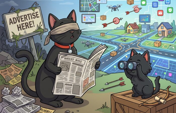 A 2D animation style illustration on a 4:3 canvas showing ODC and Lanson, the two black cats, in a conceptual outdoor scene depicting the death of traditional advertising and the rise of targeted online digital platforms. On the left, ODC, a sleek black cat wearing a blindfold, is awkwardly holding open a large, messy newspaper, representing blindness to the changing advertising landscape. Her distinct red collar and silver bell are visible. Scattered around her on the ground are crumpled newspapers, flyers, and a dilapidated, overgrown billboard sign that reads 'ADVERTISE HERE!', highlighting the decline of traditional media.