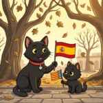 A 2D vector animation style illustration, in a 4:3 aspect ratio, showing ODC and Lanson, the two black cats from the reference material, celebrating in a stylized park during autumn. ODC, the sleek black cat, stands on her hind legs, holding a small flag with the red and yellow stripes and crest of Spain. She wears her distinct red collar with the silver bell. Lanson, the smaller, fluffier black kitten, stands beside her, also holding a small flag with the blue and gold senyera of the Valencian Community. Both are smiling. They are on a paved path with generic lampposts. The background is a park filled with stylized, mostly bare trees, and a shower of brown and gold autumn leaves is drifting slowly down. Bunting in festive autumn colors hangs between the trees. The light is a warm, late-afternoon glow. There is no readable text, only generic festive decorations. The entire composition has a clean, hand-drawn vector art aesthetic with no photorealism.
