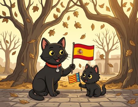 A 2D vector animation style illustration, in a 4:3 aspect ratio, showing ODC and Lanson, the two black cats from the reference material, celebrating in a stylized park during autumn. ODC, the sleek black cat, stands on her hind legs, holding a small flag with the red and yellow stripes and crest of Spain. She wears her distinct red collar with the silver bell. Lanson, the smaller, fluffier black kitten, stands beside her, also holding a small flag with the blue and gold senyera of the Valencian Community. Both are smiling. They are on a paved path with generic lampposts. The background is a park filled with stylized, mostly bare trees, and a shower of brown and gold autumn leaves is drifting slowly down. Bunting in festive autumn colors hangs between the trees. The light is a warm, late-afternoon glow. There is no readable text, only generic festive decorations. The entire composition has a clean, hand-drawn vector art aesthetic with no photorealism.