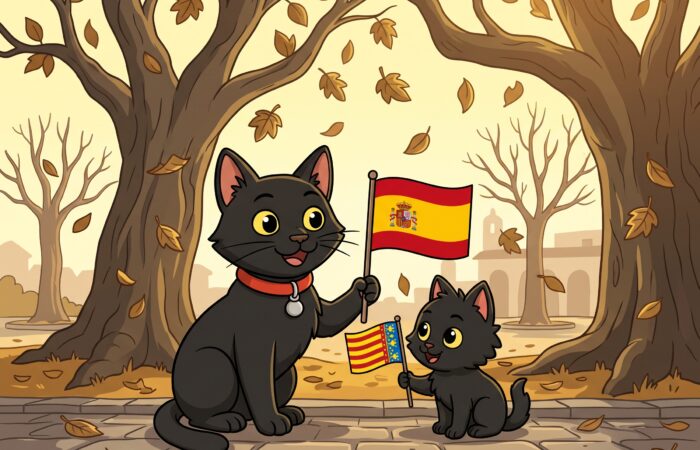 A 2D vector animation style illustration, in a 4:3 aspect ratio, showing ODC and Lanson, the two black cats from the reference material, celebrating in a stylized park during autumn. ODC, the sleek black cat, stands on her hind legs, holding a small flag with the red and yellow stripes and crest of Spain. She wears her distinct red collar with the silver bell. Lanson, the smaller, fluffier black kitten, stands beside her, also holding a small flag with the blue and gold senyera of the Valencian Community. Both are smiling. They are on a paved path with generic lampposts. The background is a park filled with stylized, mostly bare trees, and a shower of brown and gold autumn leaves is drifting slowly down. Bunting in festive autumn colors hangs between the trees. The light is a warm, late-afternoon glow. There is no readable text, only generic festive decorations. The entire composition has a clean, hand-drawn vector art aesthetic with no photorealism.