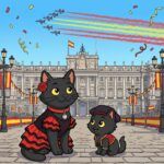 A 2D animation style illustration in a four-to-three aspect ratio showing the black cat, ODC, and the small black kitten, Lanson, celebrating Spain's national day outside the Royal Palace of Madrid. ODC is dressed in a traditional black and red flamenco dress with a red carnation tucked near her ear, wearing her signature red collar with a round silver pendant. Beside her, Lanson wears a matching Spanish waistcoat and a traditional dark flat cap. In the sky above the grand palace courtyard, aerobatic jets from the Eagle Patrol perform a flypast, releasing trailing smoke in the red and yellow colours of the Spanish flag. The courtyard is decorated with draped Spanish bunting, flags on lampposts, and colourful falling confetti, with crowds of people cheering in the background.