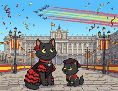 A 2D animation style illustration in a four-to-three aspect ratio showing the black cat, ODC, and the small black kitten, Lanson, celebrating Spain's national day outside the Royal Palace of Madrid. ODC is dressed in a traditional black and red flamenco dress with a red carnation tucked near her ear, wearing her signature red collar with a round silver pendant. Beside her, Lanson wears a matching Spanish waistcoat and a traditional dark flat cap. In the sky above the grand palace courtyard, aerobatic jets from the Eagle Patrol perform a flypast, releasing trailing smoke in the red and yellow colours of the Spanish flag. The courtyard is decorated with draped Spanish bunting, flags on lampposts, and colourful falling confetti, with crowds of people cheering in the background.