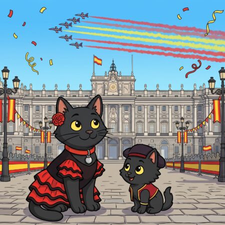 A 2D animation style illustration in a four-to-three aspect ratio showing the black cat, ODC, and the small black kitten, Lanson, celebrating Spain's national day outside the Royal Palace of Madrid. ODC is dressed in a traditional black and red flamenco dress with a red carnation tucked near her ear, wearing her signature red collar with a round silver pendant. Beside her, Lanson wears a matching Spanish waistcoat and a traditional dark flat cap. In the sky above the grand palace courtyard, aerobatic jets from the Eagle Patrol perform a flypast, releasing trailing smoke in the red and yellow colours of the Spanish flag. The courtyard is decorated with draped Spanish bunting, flags on lampposts, and colourful falling confetti, with crowds of people cheering in the background.