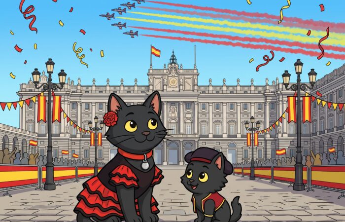 A 2D animation style illustration in a four-to-three aspect ratio showing the black cat, ODC, and the small black kitten, Lanson, celebrating Spain's national day outside the Royal Palace of Madrid. ODC is dressed in a traditional black and red flamenco dress with a red carnation tucked near her ear, wearing her signature red collar with a round silver pendant. Beside her, Lanson wears a matching Spanish waistcoat and a traditional dark flat cap. In the sky above the grand palace courtyard, aerobatic jets from the Eagle Patrol perform a flypast, releasing trailing smoke in the red and yellow colours of the Spanish flag. The courtyard is decorated with draped Spanish bunting, flags on lampposts, and colourful falling confetti, with crowds of people cheering in the background.