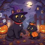 A 2D animation concept illustration of a spooky Halloween scene set at night beneath a glowing full moon. ODC, a sleek black cat wearing a purple witch hat with a gold buckle and her signature red collar and silver bell, smiles beside Lanson, a smaller fluffy black kitten dressed in an orange pumpkin costume. They are surrounded by carved, glowing jack-o-lanterns, melting candles, floating cartoon ghosts, spiders hanging from intricate webs in bare autumn trees, silhouettes of bats, and scattered fallen leaves on the ground, all rendered in a clean-line vector style with rich purple and orange tones.