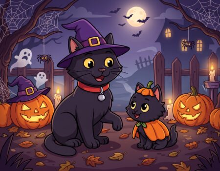 A 2D animation concept illustration of a spooky Halloween scene set at night beneath a glowing full moon. ODC, a sleek black cat wearing a purple witch hat with a gold buckle and her signature red collar and silver bell, smiles beside Lanson, a smaller fluffy black kitten dressed in an orange pumpkin costume. They are surrounded by carved, glowing jack-o-lanterns, melting candles, floating cartoon ghosts, spiders hanging from intricate webs in bare autumn trees, silhouettes of bats, and scattered fallen leaves on the ground, all rendered in a clean-line vector style with rich purple and orange tones.