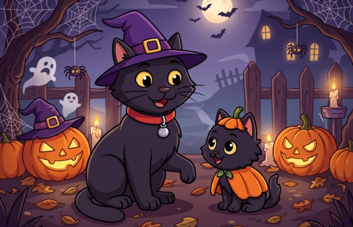 A 2D animation concept illustration of a spooky Halloween scene set at night beneath a glowing full moon. ODC, a sleek black cat wearing a purple witch hat with a gold buckle and her signature red collar and silver bell, smiles beside Lanson, a smaller fluffy black kitten dressed in an orange pumpkin costume. They are surrounded by carved, glowing jack-o-lanterns, melting candles, floating cartoon ghosts, spiders hanging from intricate webs in bare autumn trees, silhouettes of bats, and scattered fallen leaves on the ground, all rendered in a clean-line vector style with rich purple and orange tones.