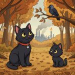 A 2D animation style illustration showing ODC, a sleek black cat wearing a red collar with a silver bell, and Lanson, a smaller fluffy black kitten, sitting in an autumn forest clearing strewn with brown leaves. Both cats are looking up thoughtfully at a jackdaw perched upon a tree branch. In the far distance across the horizon, the silhouettes of a smoky coal-fired power station and an industrial gas distillery plant with a burning chimney flame are visible against a hazy sky.