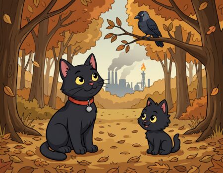 A 2D animation style illustration showing ODC, a sleek black cat wearing a red collar with a silver bell, and Lanson, a smaller fluffy black kitten, sitting in an autumn forest clearing strewn with brown leaves. Both cats are looking up thoughtfully at a jackdaw perched upon a tree branch. In the far distance across the horizon, the silhouettes of a smoky coal-fired power station and an industrial gas distillery plant with a burning chimney flame are visible against a hazy sky.