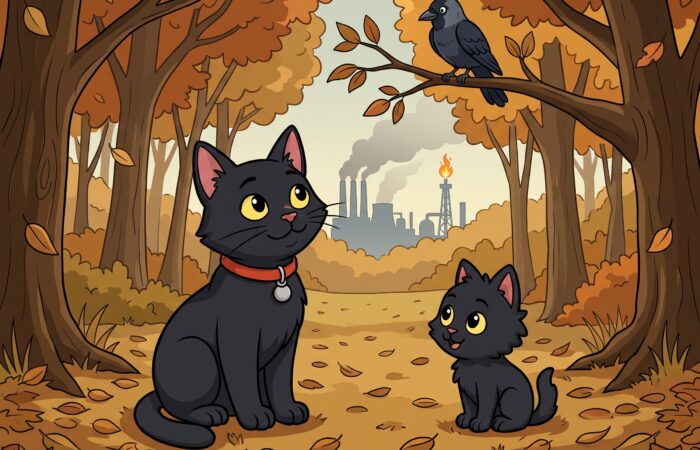 A 2D animation style illustration showing ODC, a sleek black cat wearing a red collar with a silver bell, and Lanson, a smaller fluffy black kitten, sitting in an autumn forest clearing strewn with brown leaves. Both cats are looking up thoughtfully at a jackdaw perched upon a tree branch. In the far distance across the horizon, the silhouettes of a smoky coal-fired power station and an industrial gas distillery plant with a burning chimney flame are visible against a hazy sky.